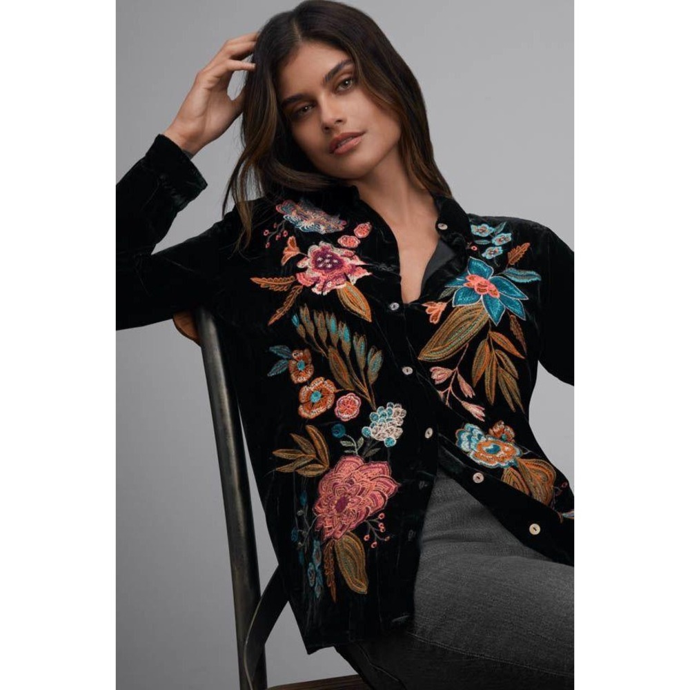 NEW Johnny‎ Was Sidonia Velvet Oversized Embroidered Floral Shirt Black XL